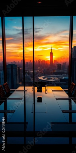 Boardroom meeting table setup with cityscape view at sunset, conference, synergy