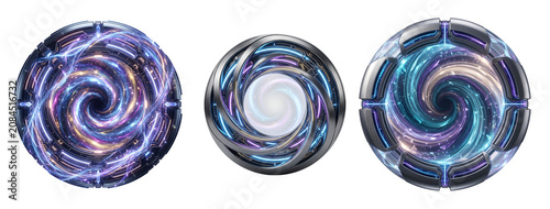 Three futuristic circular designs with swirling patterns on a transparent background