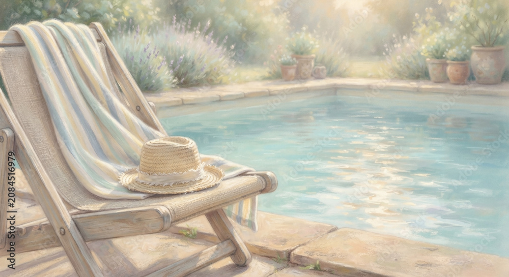 Fototapeta premium A sun lounger by the pool with a hat and towels: the perfect summer vacation at dawn, with a space to copy