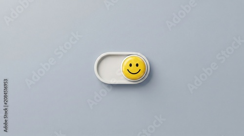 Toggle to Happiness: A simple switch with a smiling emoji, representing the ease of turning on happiness and positive emotions, set against a calm, muted background.