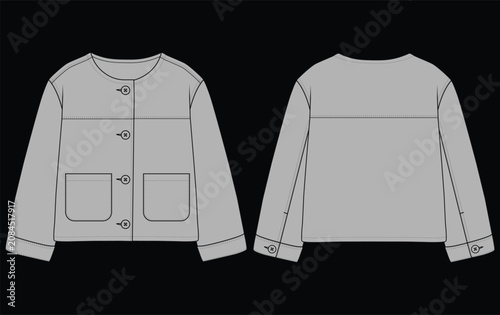 Baby Girls Collarless Denim Jacket with Front Button Closure Long Sleeve Patch Pocket Fashion Flat Sketch Vector