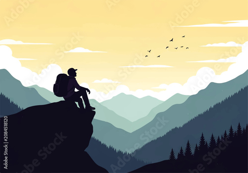Foto Vector flat design illustration of a lone hiker sitting on a cliff edge overlook