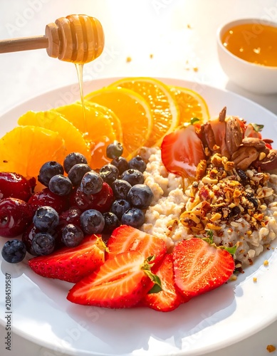 Colorful breakfast plate with eggs bacon and berries.