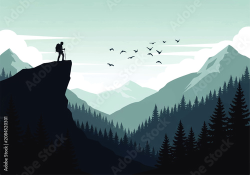 Foto Vector flat design illustration of a lone hiker standing on a cliff edge overloo