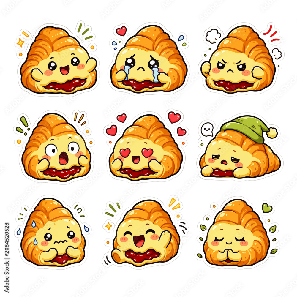 Obraz premium Jam Croissantette Reaction Sticker Icon Set Kawaii Food Emoji Vector 