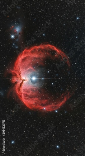 Vibrant nebula with glowing red and purple cosmic gases.