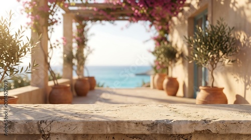 Empty stone table on sunny Mediterranean terrace background with sea view and pink flowers for product advertisement.