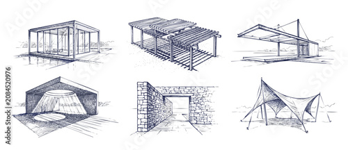 Tableau sur toile Architectural sketches outdoor structure designs showing modern pavilion pergola and canopy concepts represented as minimalist hand drawn blue ink illustrations set on clean isolated white background