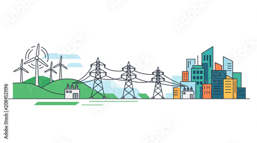 Modern city skyline with wind turbines and electrical power lines illustrating renewable energy distribution.