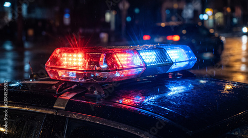 Police Car Light Bar Flashing Red and Blue on City Street at Night