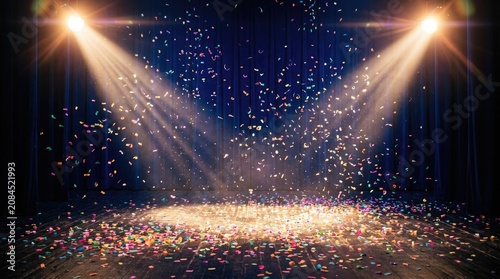 Vibrant stage celebration with confetti and spotlights