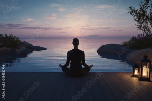 Serene silhouette meditates by tranquil water at sunset, embracing inner peace