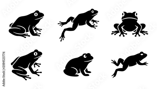 Foto Black Frog Silhouettes, Amphibian Vector Icons, Wildlife Animal Graphics, Nature