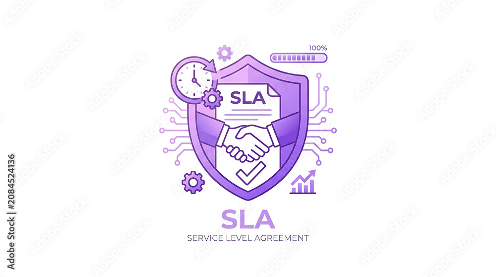 Fototapeta premium A detailed of a service level agreement featuring a handshake, clock, gears, and a shield on a white background
