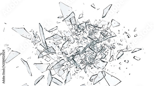 Dynamic explosion of shattered glass shards flying outward on a clean white background, for visual impact