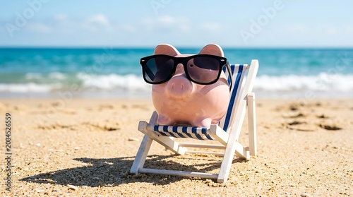 Piggy bank in sunglasses relaxing on a beach chair under the sun, representing savings and vacation