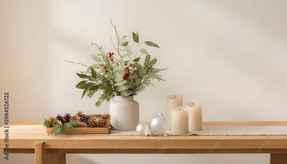 Fototapeta premium MinimalistHomeDecorWithFreshFlowersAndCandles.