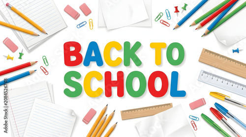 A colorful arrangement of school supplies surrounds the phrase Back to School on a white background with various stationery items.