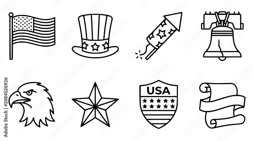 Fototapeta premium American Patriotic Symbols Collection Including Flag Eagle and Liberty Bell