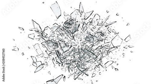 Sharp shards of broken glass exploding outward against a plain white background, for dramatic effect explosion