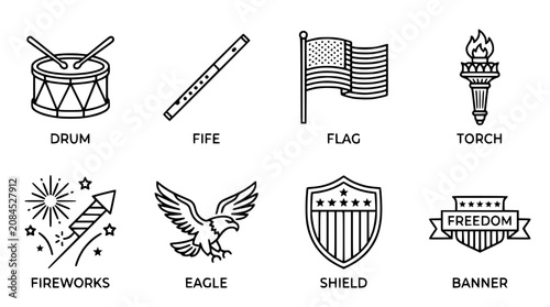 American Patriotic Symbols Icons Set Line Art Collection