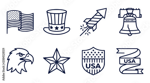 American Patriotic Symbols Icons Set Line Art USA Independence Day Collection