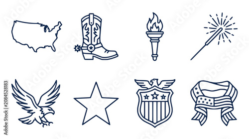 American patriotic symbols icons set line art vector illustration