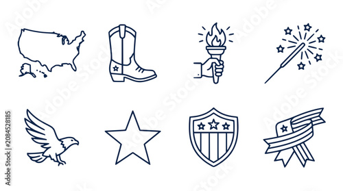American Patriotic Symbols Icons Set Line Art Vector Outline Collection