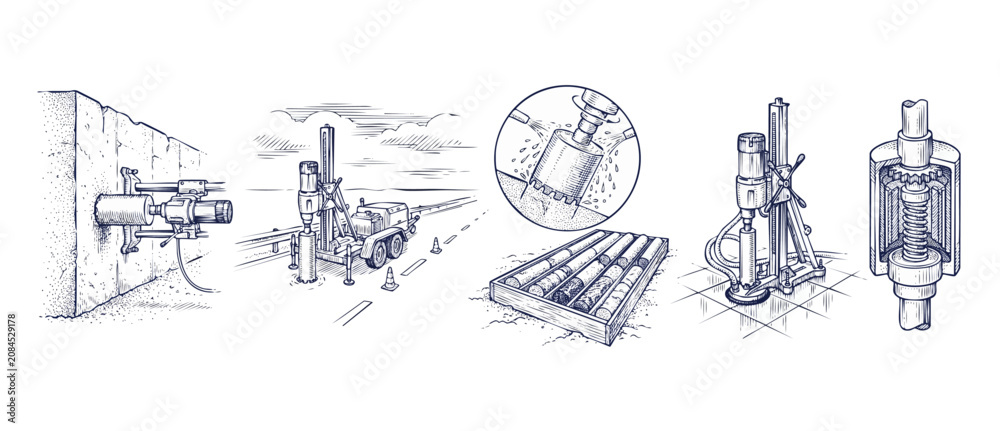 Obraz premium Core drilling machine illustration set showing concrete boring rigs, diamond drill bits, asphalt road coring, soil sample collection box, and mechanical cutaway diagrams in a clean line art style.
