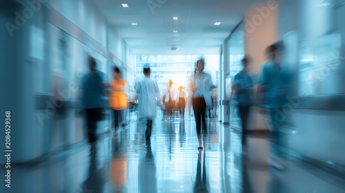 A busy hospital corridor filled with blurred figures, showcasing the hustle and bustle of healthcare environments.