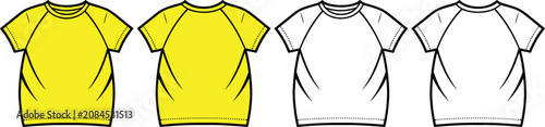 Tableau sur toile Front and back view of yellow and white t-shirts with raglan sleeves and crew ne