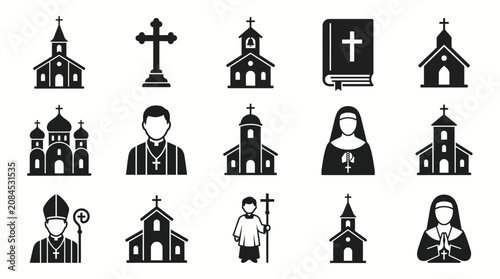 Obraz na plátně Essential Christian religious symbols, church buildings, and clergy figures icon