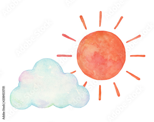 雲と太陽の水彩イラスト　晴れのち曇り
