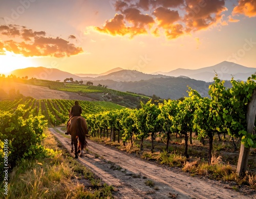 Serene sunset over lush green valley with horses.