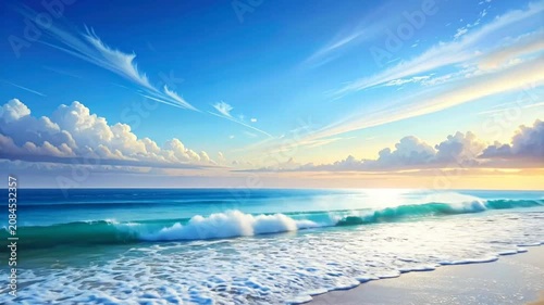 A serene tropical beach landscape at a bright sunny morning