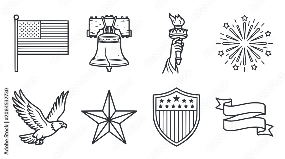 Fototapeta premium American Patriotic Symbols Line Art Vector Icons