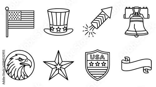 American Patriotic Symbols Line Art Collection – Flag, Hat, Eagle, and More