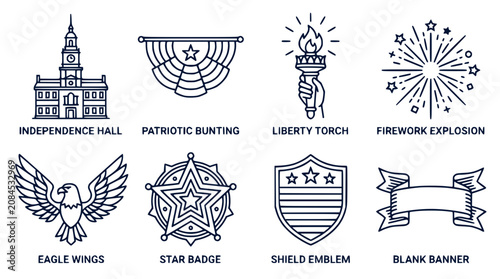 American Patriotic Symbols Independence Hall Liberty Torch Line Art Icons
