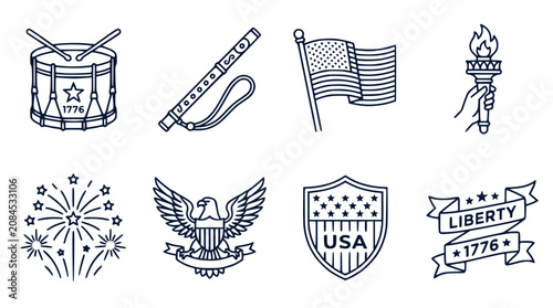 American patriotic symbols line art collection featuring flag eagle torch fireworks and liberty icons vector illustration