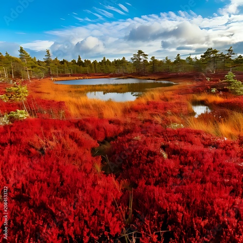 Vibrant moorland with water pools and sky