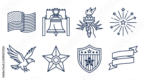 American Patriotic Symbols Line Art Collection: Flag, Liberty Bell, Torch, Eagle, Star, Shield
