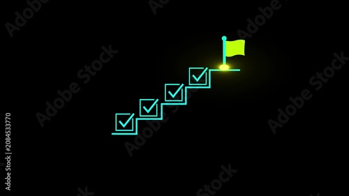 Progress checklist steps animation with upward direction. Task completion checklist flow showing goal flag. Success progress path and achievement indicator motion. Goal with task complete