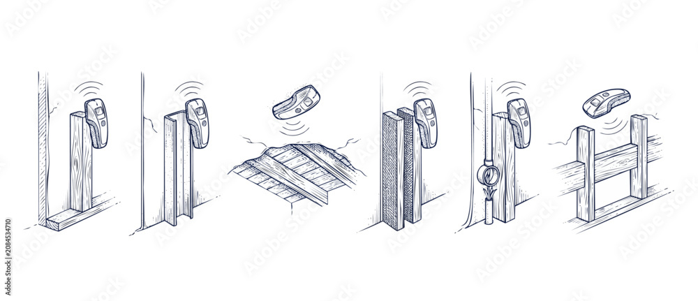 Obraz premium Wall scanner stud finder diagrams showing detection of wood studs, metal framing, active AC electrical wires, and ceiling floor joists behind drywall, home construction hand drawn sketch vector set.