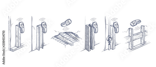 Quadro su tela Wall scanner stud finder diagrams showing detection of wood studs, metal framing, active AC electrical wires, and ceiling floor joists behind drywall, home construction hand drawn sketch vector set