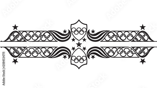 Vintage ornamental divider with heraldic shields and stars, black filigree border vector, elegant decorative line art for certificate design