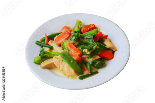 Stir Fried Chicken with Mixed Vegetables Served on White Plate Isolated on White Background
