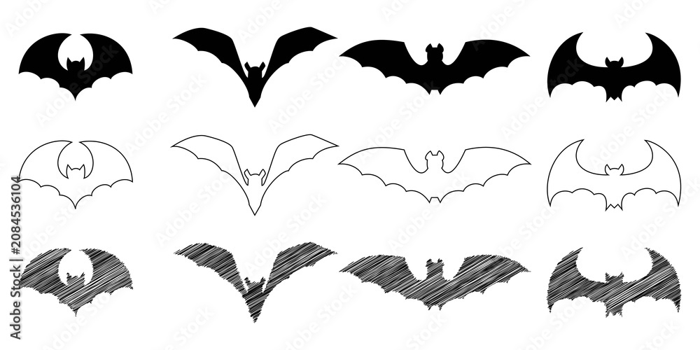 Fototapeta premium Black bat silhouettes and line art icons for halloween theme set contains solid shapes outline drawings and hand drawn textures.