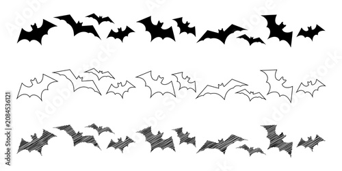 Photos Flying bat border elements in multiple styles for halloween layout featuring black shapes thin outlines and pencil sketch effects