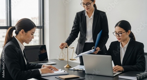 Corporate legal team reviewing documents and using justice scales in a modern office meeting