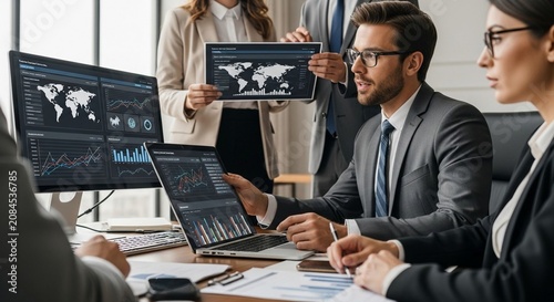 Corporate leadership team analyzing global data charts in a modern office meeting.